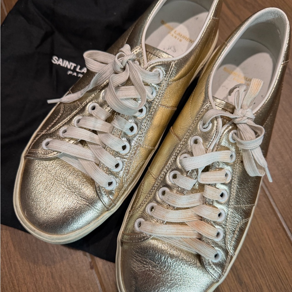 Saint Laurent Metallic Gold Low-Top Sneakers with White Laces